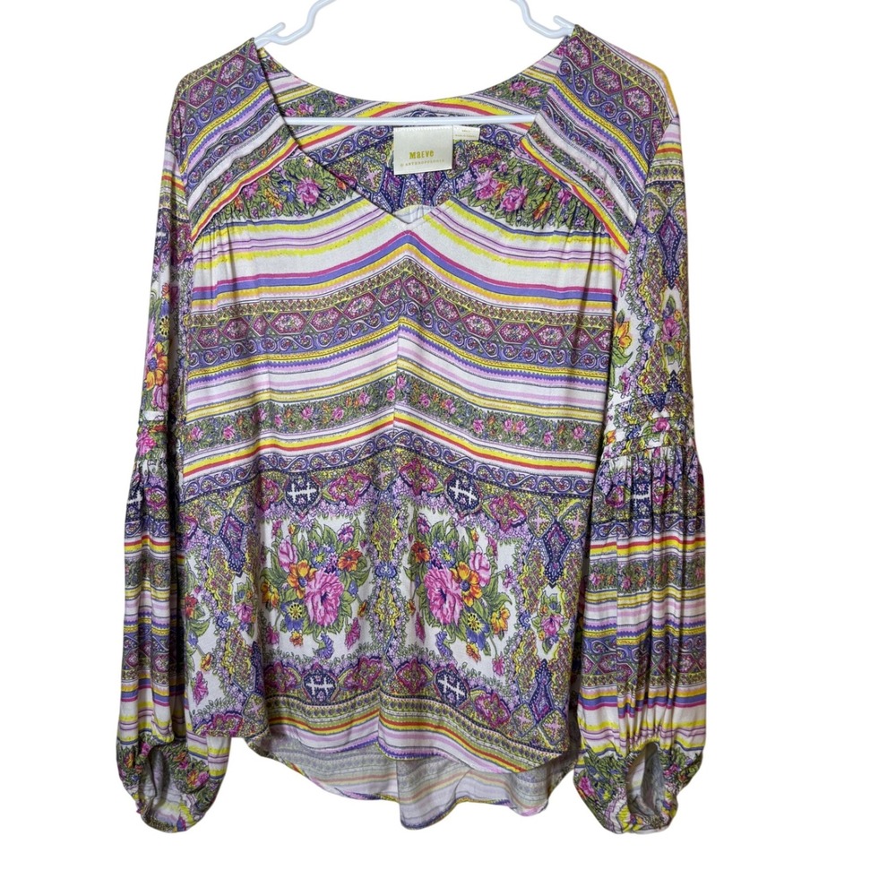 Maeve Blouse Womens Small Multi Color Floral Border Print Boho Cottagecore